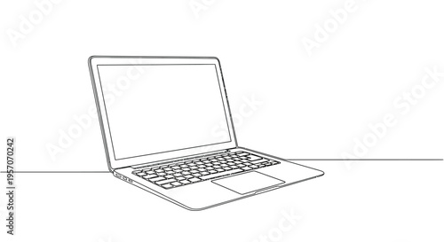 Open laptop computer on desk surface minimalist line drawing