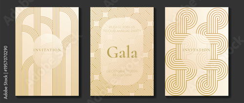 Luxury gala invitation vector template set with gold line art arches, cream background, and elegant art deco geometric patterns. Premium celebration design collection for wedding, anniversary.