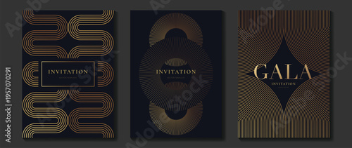 Luxury invitation vector template set with gold line art geometry, navy background, and elegant art deco compositions. Premium celebration design collection for gala, wedding, party, branding and prin