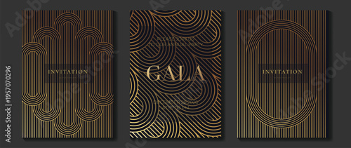 Luxury gala invitation vector template set with gold line art arches, navy striped backgrounds, and elegant art deco geometry. Premium celebration design for wedding, party, event branding, print.