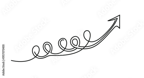 Single continuous line drawing of a spiral upward arrow indicating growth and success
