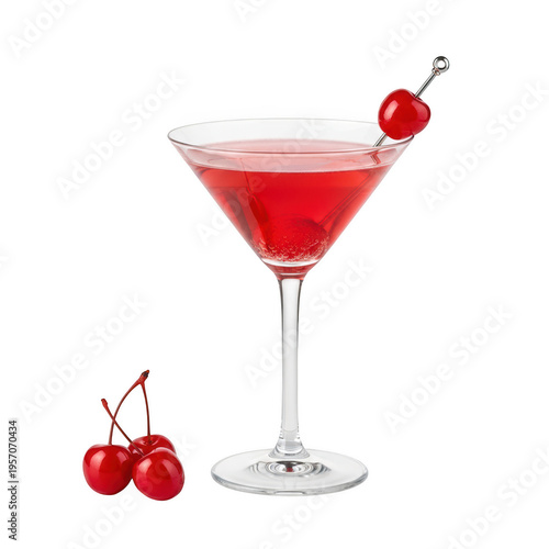 A red cocktail in a martini glass with a cherry garnish isolated on transparent background