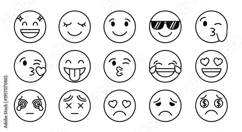 A collection of various emoticon faces arranged in rows on a white background with a simple line drawing style.