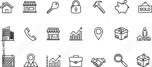Collection of 20 line icons related to business finance and real estate
