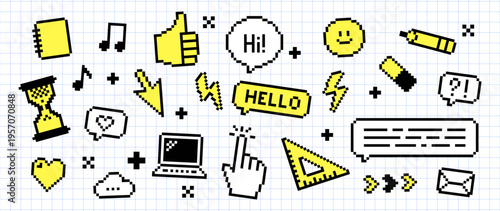 Black yellow pixel icons in retro 8-bit Y2K style. Cool old school digital pack. School and lifestyle elements. Speech bubble, hello, hi text, laptop, lightning, music notes. Fun nostalgic stickers