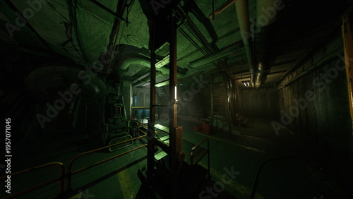 green industrial corridor with tangled pipes and rusted catwalk, dim lighting casts deep shadows across wet floor and machinery, ventilation ducts overhead, oil