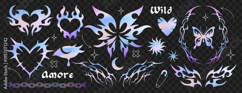 Y2k gothic holographic tattoo vector set. Neo tribal goth metal butterfly sticker, outline psychedelic thorn burning heart, neotribal crying eye, punk rock chains. Hand drawn cyber sigilism emo icons