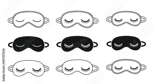 Collection of eight sleep masks in black and white with closed eyes on a plain white background in a flat lay composition.