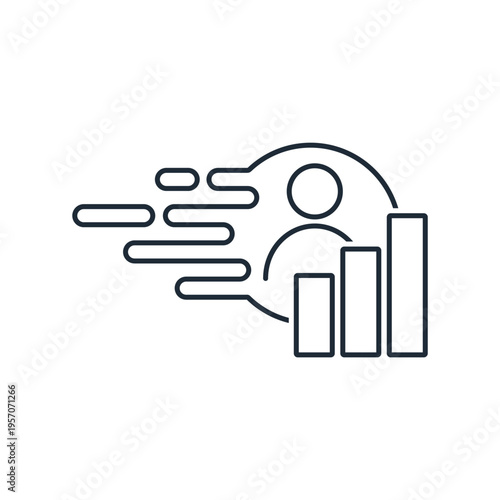 Person, growth rate, and graph. Rapid career advancement. Vector linear icon illustration isolated on white background.