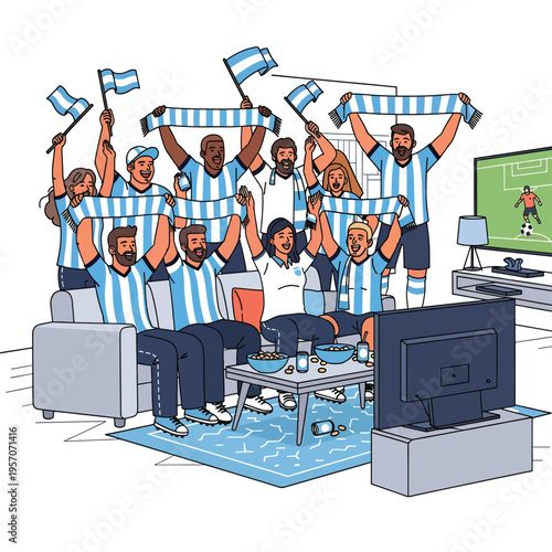 Group of people watching soccer on TV cheering isolated on transparent background