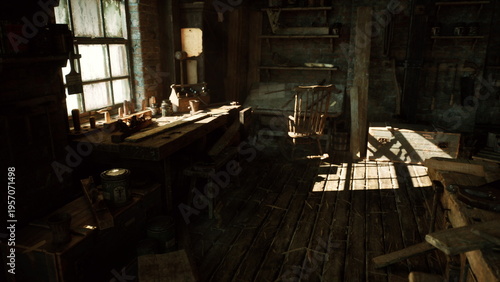 Cuadro en lienzo sunlit dusty wooden workshop bench strewn with old tools and glass bottles on wi