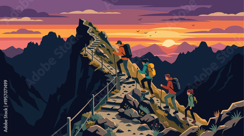A group of diverse hikers ascend a steep, rocky mountain trail with a railing against a vibrant sunset sky filled with colorful clouds and silhouetted peaks.