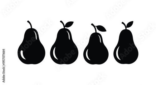 Four black pear silhouettes with stems and leaves on a white background, arranged horizontally.