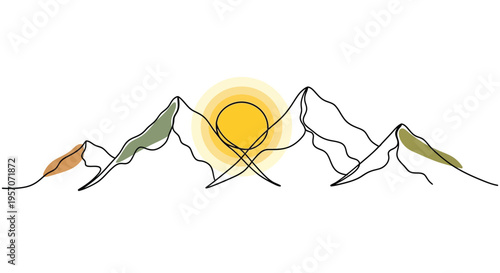 Minimalist One Line Art of Mountains and Sun for Modern Wall Decor