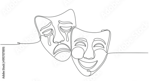 Drama Comedy and Tragedy Theater Masks in Minimalist One Line Art