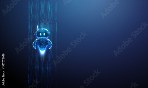 3d blue robot inside vertical stream of data points. AI data processing, machine learning flow, real-time analytics, intelligent system operation, automated data pipelines concept