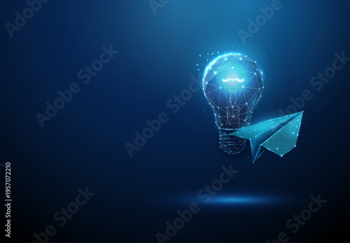 3d blue light bulb with paper airplane. Idea flight, creative thinking, startup innovation, rapid concept development, inspiration and growth, new idea launch concept.
