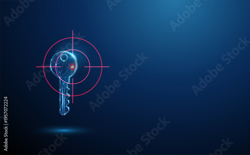 3d blue digital key inside target crosshair Targeted access control, precise authentication, security focus, identity verification, controlled entry, cybersecurity targeting concept