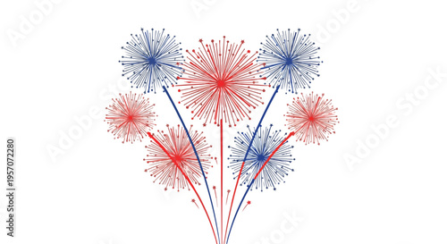 Illustration of red and blue fireworks exploding against a white background in a graphic design element.