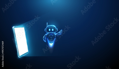 3d mobile phone with cute robot raising hand.  AI assistant on smartphone, chatbot introduction, virtual assistant support, mobile app guidance, digital communication concept.