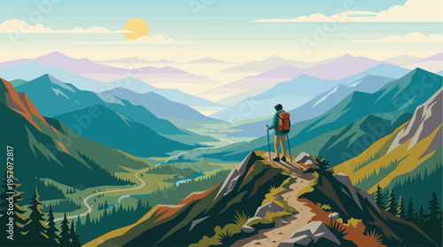 A solo hiker stands on a mountain ridge, admiring a panoramic view of a lush green valley and distant, layered mountains under a bright, sunny sky.