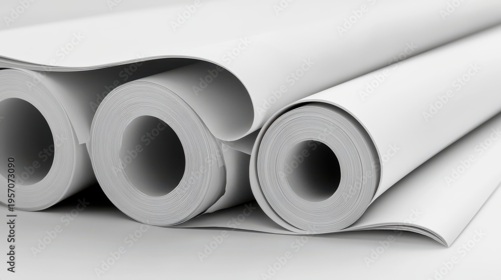 Fototapeta premium Rolled white paper sheets closeup in grayscale