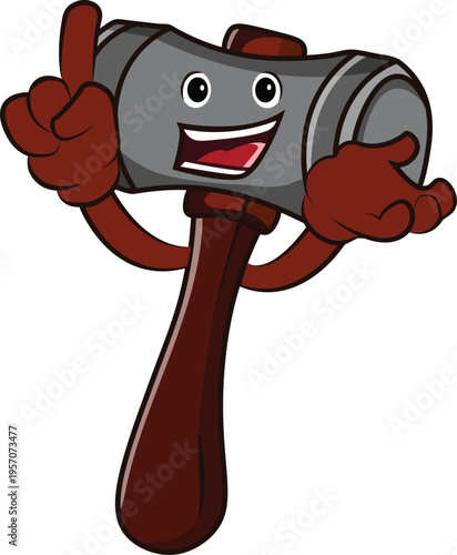 Cheerful cartoon mallet character points upwards with a big smile, symbolizing innovative ideas, helpful solutions, or clear instructions for construction, repair, and creative DIY projects