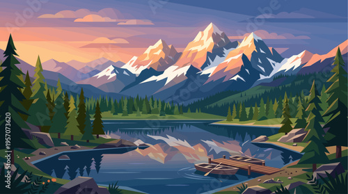 A stylized, geometric illustration of a serene mountain lake at sunset, with snow-capped peaks reflecting in the calm water and two boats docked.
