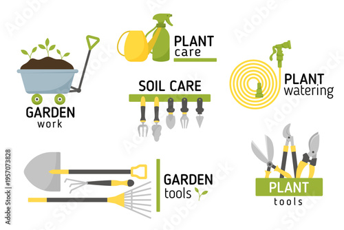 Gardening infographic with tools and plant care elements in flat style. Clean composition showing watering, soil and garden work concepts, suitable for education, branding and modern design projects.