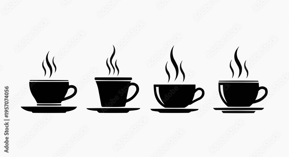 Fototapeta premium Minimalist Coffee Cup Icons Set, Black Silhouette Steaming Tea Mugs with Saucers, Flat Vector Illustration Isolated on White Background