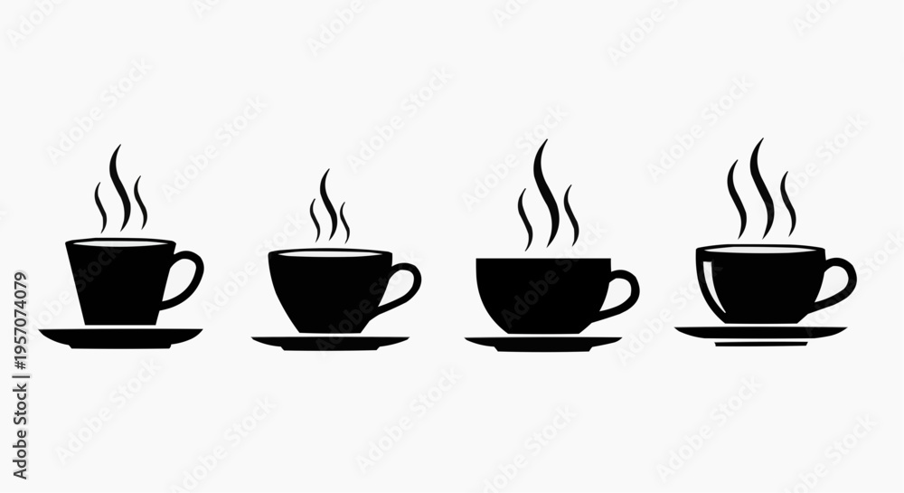 Fototapeta premium Minimalist Coffee Cup Icons Set, Black Silhouette Steaming Tea Mugs with Saucers, Flat Vector Illustration Isolated on White Background