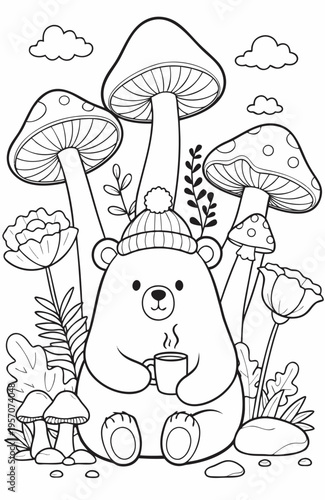 Cute Teddy Bear in Beanie Hat Drinking Hot Cocoa Among Giant Mushrooms Vector Line Art Illustration for Kids Coloring Book and Winter Themed Educational Worksheets