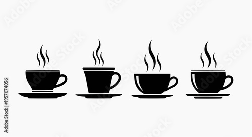 Minimalist Coffee Cup Icons Set, Black Silhouette Steaming Tea Mugs with Saucers, Flat Vector Illustration Isolated on White Background