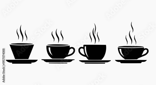 Minimalist Coffee Cup Icons Set, Black Silhouette Steaming Tea Mugs with Saucers, Flat Vector Illustration Isolated on White Background