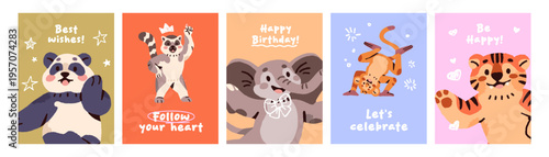 Designs of greeting cards with cute dancing animals set. Funny templates of festive postcards with happy anthropomorphic characters having fun with music at birthday party. Flat vector illustrations