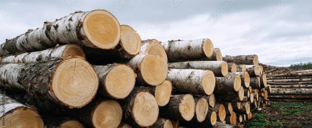 Fototapeta premium Split birch logs and lumber sections stacked from forestry and milling operations.