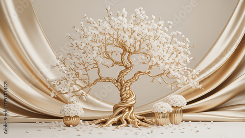 A golden tree with white flowers in a room