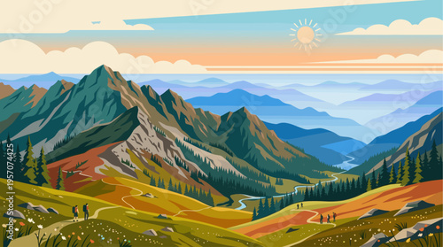 A stylized vector illustration of a vast mountain range with hikers on a winding path during a colorful sunset, evoking adventure and serenity.
