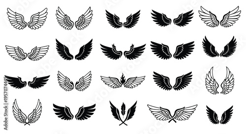 Collection of various black and gray wing icons arranged in rows on a white background, showcasing different designs and styles.