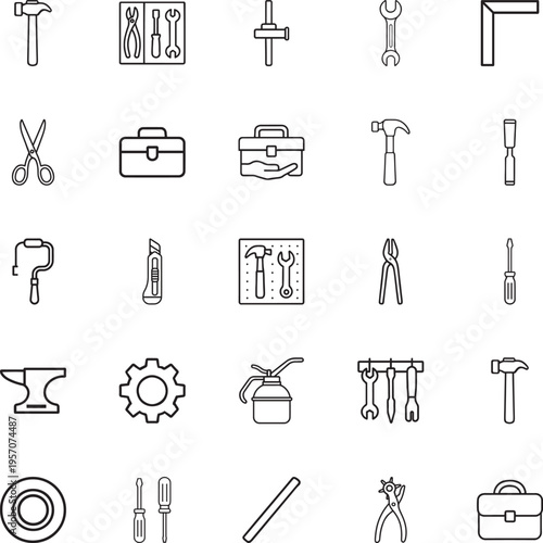 Construction repair line vector icon set hammer screwdriver wrench pliers