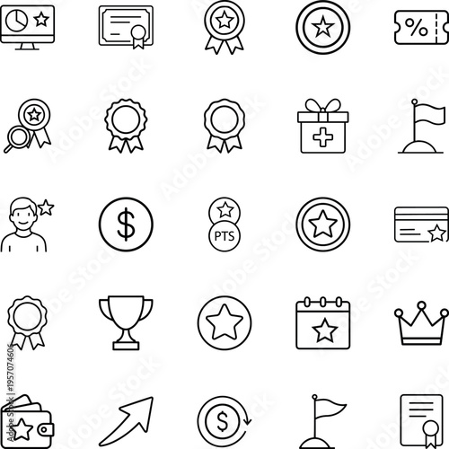 Loyalty rewards achievement gamification line vector icon set star trophy ribbon certificate dollar