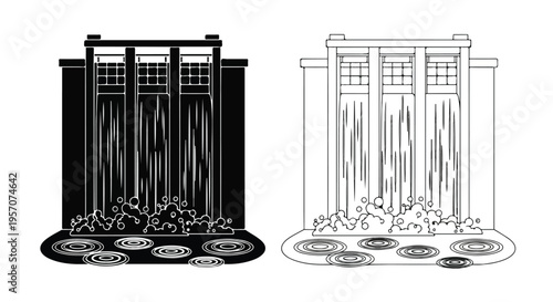 Black and white line art illustrations of a coin dispenser with coins spilling out, shown in both filled and outline styles on a plain background.
