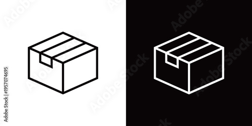 単独の段ボール箱のラインアイコン。白い線と黒い線のモノクロベクターイラストセット