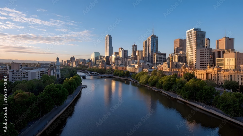 Obraz premium A vibrant urban skyline at sunrise featuring towering skyscrapers and a serene river reflecting the warm golden light of dawn