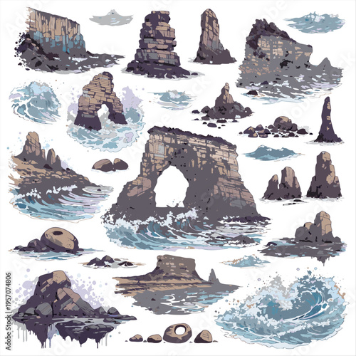 Arctic Icebergs and Snowy Mountains – Watercolor Vector Seascape Elements Set on White Background