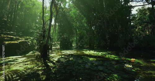 Obraz na plátně sundappled swamp floor with scattered light patches and lush vegetation lively g