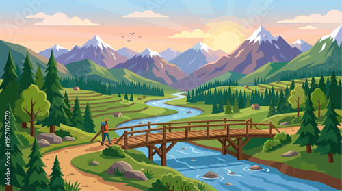 A lone hiker walks across a wooden bridge over a blue river in a vibrant valley at sunrise, surrounded by pine trees and distant snow-capped mountains.
