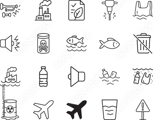 Environmental pollution line vector icon set factory plastic waste water noise
