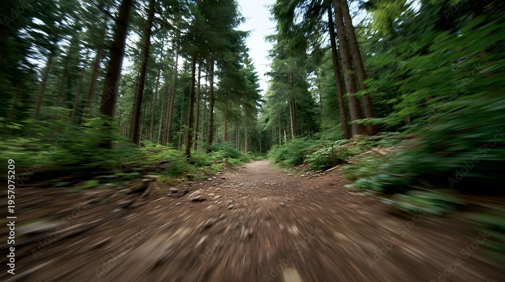 Fototapeta premium Dynamic motion blur on a forest path conveying speed and immersion in nature