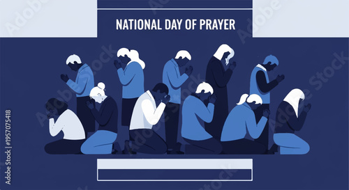 People praying together on national day of prayer diverse group in contemplation and worship blue and white hues solemn atmosphere graphic illustration